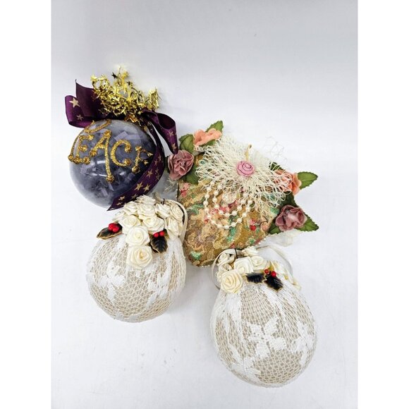 Handmade Victorian Lace & Flowers Christmas Tree Ornament Lot Of 4 ,"Peace",Boho - Picture 1 of 12
